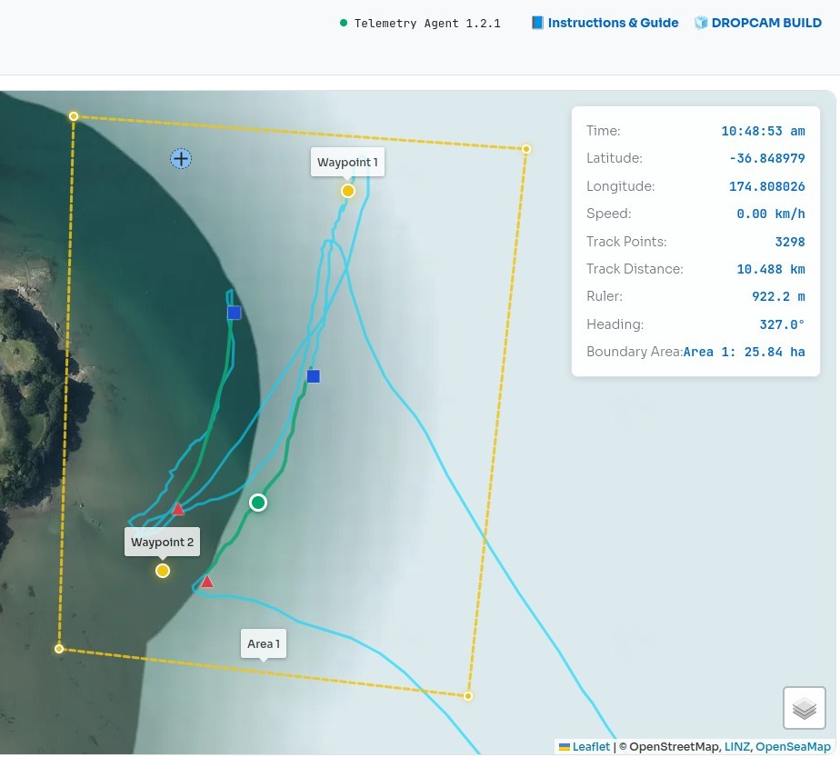 Map showing boundary polygons with area labels and waypoints