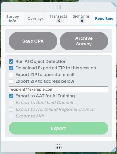 Reporting tab with export options and agency checkboxes