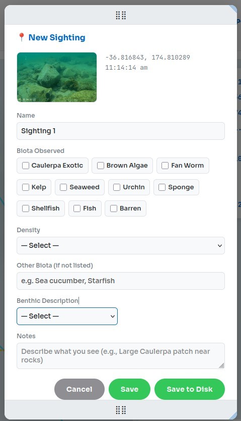 Sighting modal with captured frame, biota, density, and notes fields