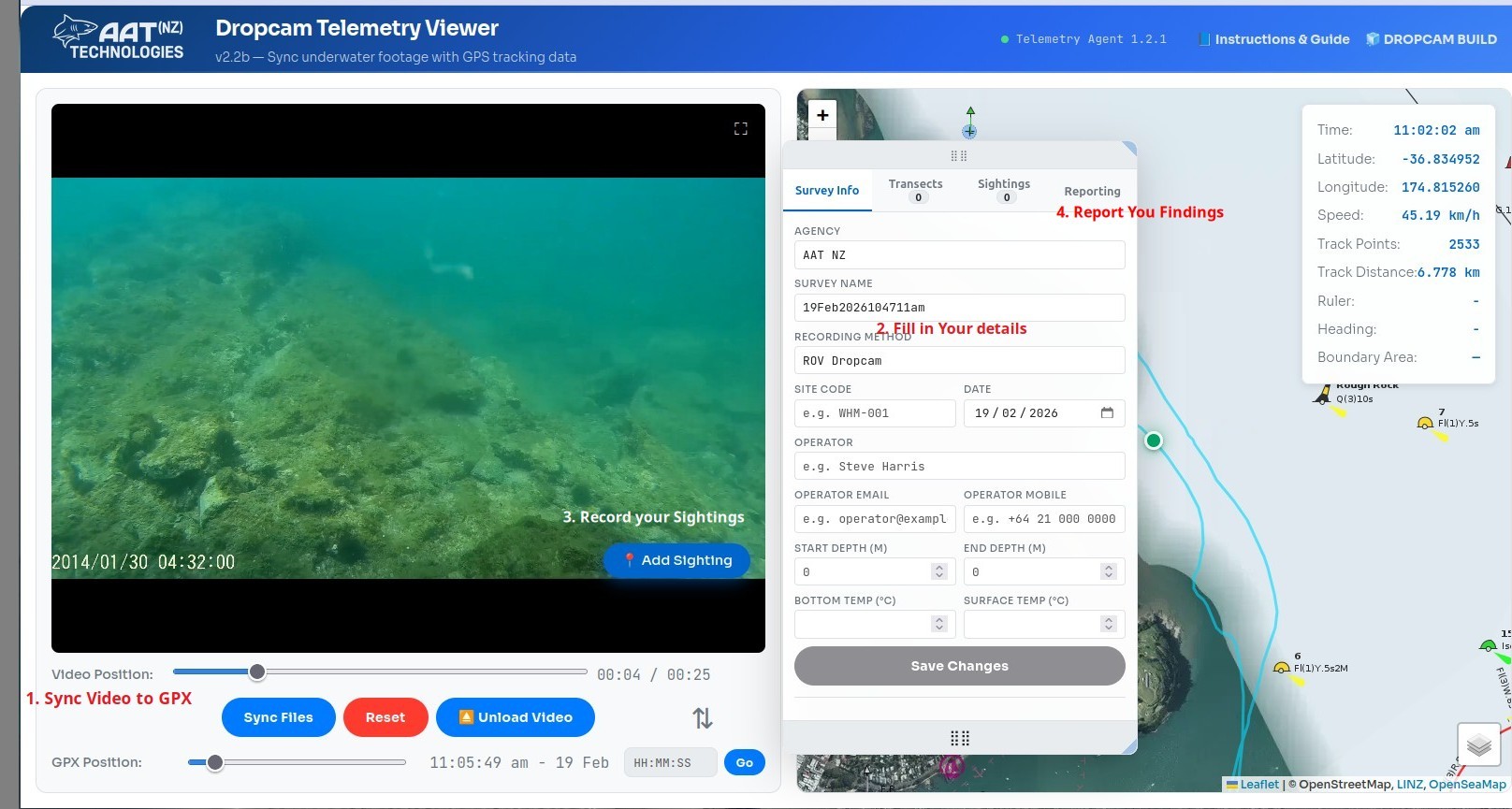 Dropcam Telemetry Viewer with video, map, and sightings panel